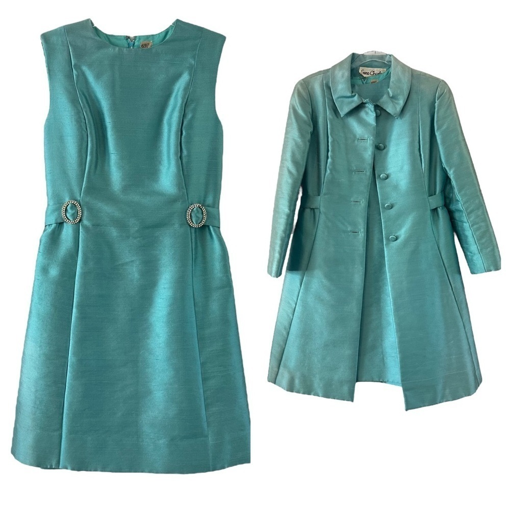 Vintage 1960s Gino Charles sleeveless Jackie O style raw silk dress jacket set